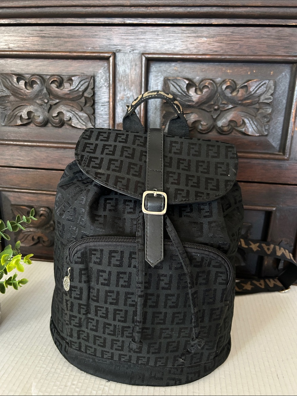 Beautiful Black Jacquard FF Logo Backpack with Gold Buckle